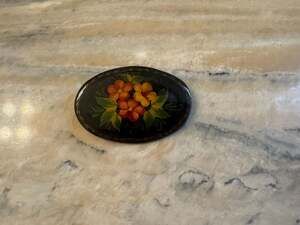 Vintage 1994 Hand-Painted Russian Lacquer Floral Oval Brooch Pin